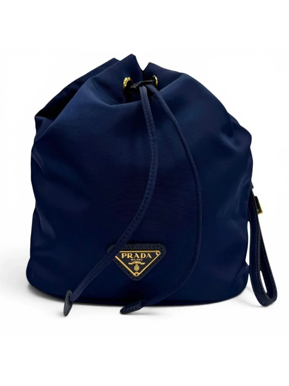 Prada Royal Leather Triangle Logo Tessuto Drawstring Pouch Gold